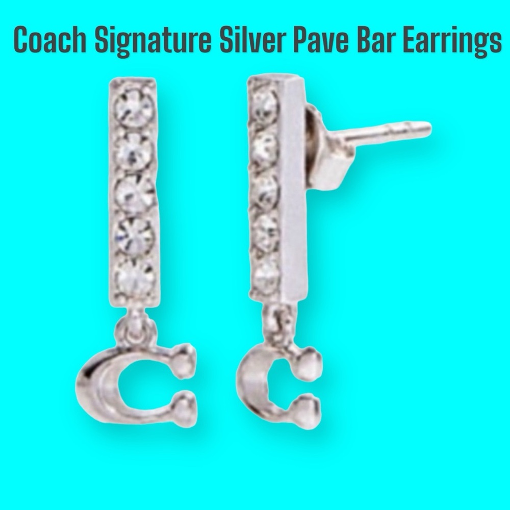 COACH Signature Silver Pave Bar Stud Earrings New